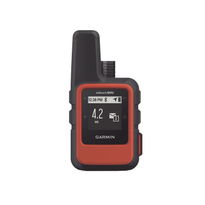 Navegador satelital InReach Mini color naranja, con cobertura global mediante la red Iridium, cuenta con botón de emergencia, batería para hasta 50 horas, GPS y brujula.