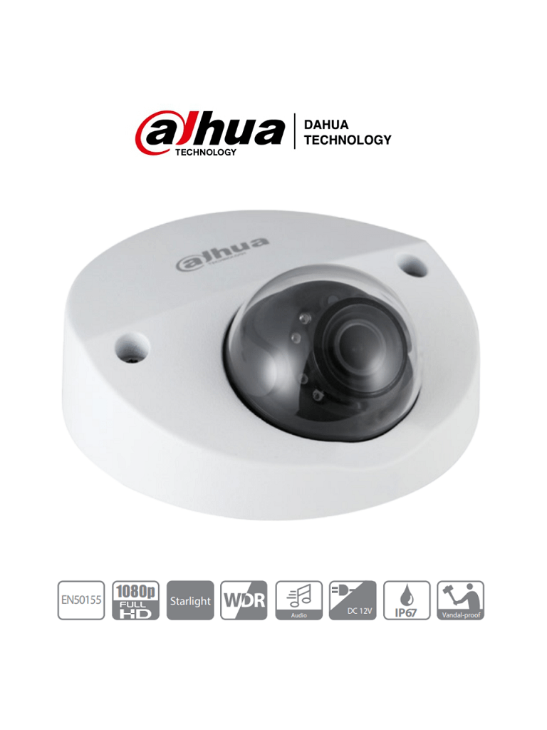 DAHUA HDBW2241F-M-A-28 - Camara Domo 1080p/ 2 Megapixeles/ Especial para DVR Movil/ Starlight/ Lente de 2.8mm/ IR 20 Mts/ Microfono Integrado/ WDR Real de 120 dB/ IP67/ IK10/