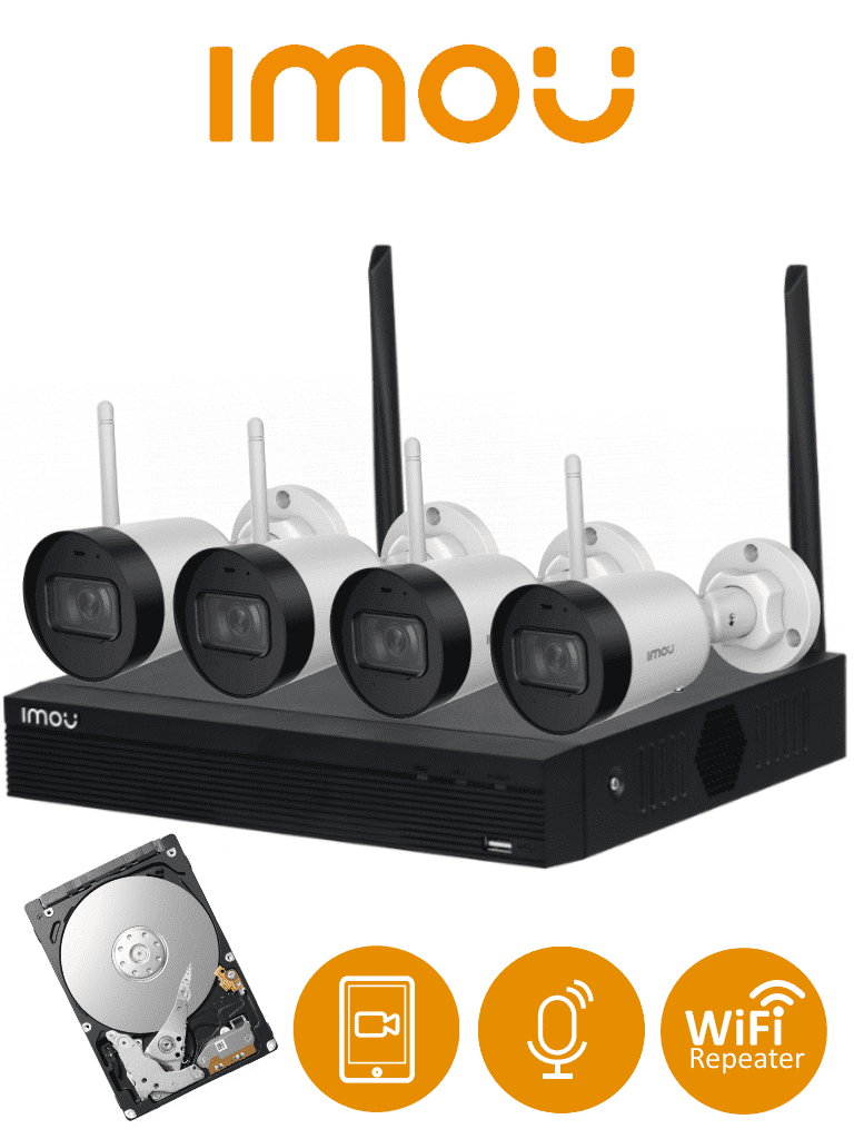 IMOU KIT/NVR1104HS-W/4-G22 - Kit de 4 Camaras Inalámbricas de 2 Megapixeles/ WiFi/ Disco Duro de 1 TB Incluido/ H.265+/ NVR con Antena Dual Mimo 2x2/ Auto-Emparejamiento/ Microfono Integrado/ IR de 30 Mts/ Ranura MicroSD/ Uso Exterior